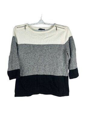 Karen Scott Womens Sweater L Colorblock Black/Gray/Cream Crew Neck Pullover